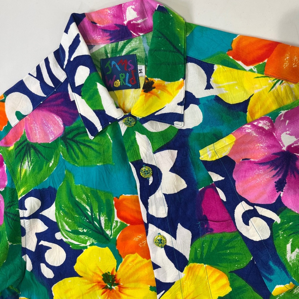 Vtg Jams World Button Up Shirt Women Med Floral Hawaiian Rayon Tropical USA